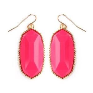 New Boutique Hot Pink Stone Gold Trim Hexagon Dangle Drop Earrings